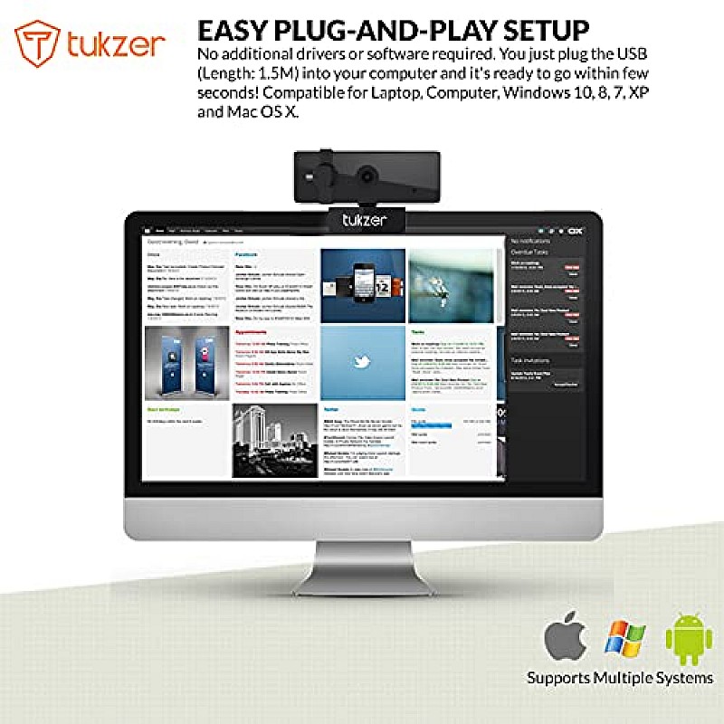 Tukzer 2.1 MP Full HD 1080P Web Camera CMOS Webcam with Microphone 360° Rotatable Tripod Ready Mount Plug-n-Play USB for Windows Mac (C01)