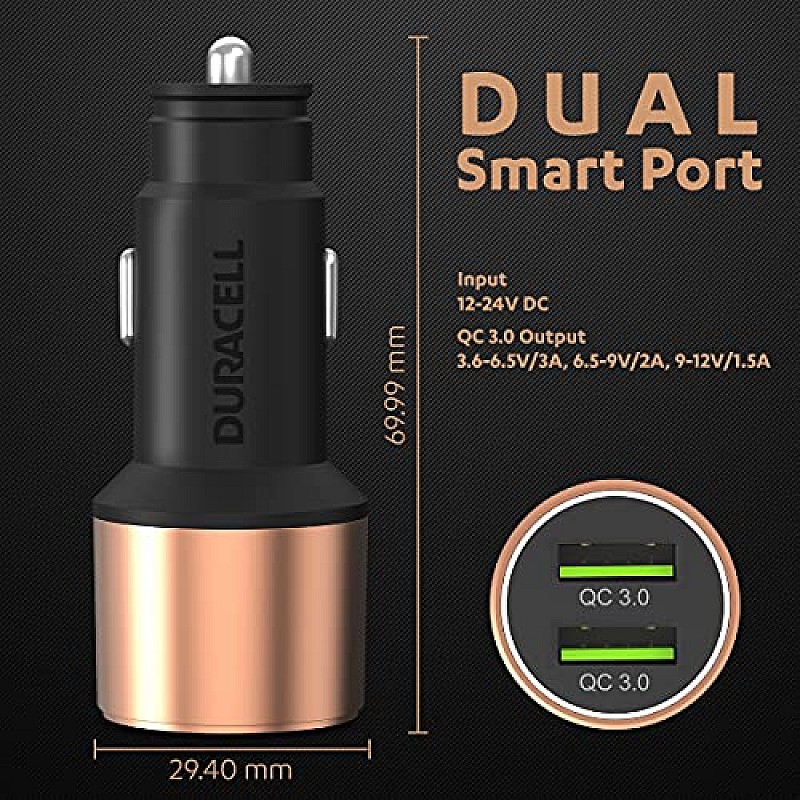 Duracell 36W Fast Car Charger Adapter with Dual USB Port. Qualcomm Certified 3.0, Quick Charge - Copper & Black