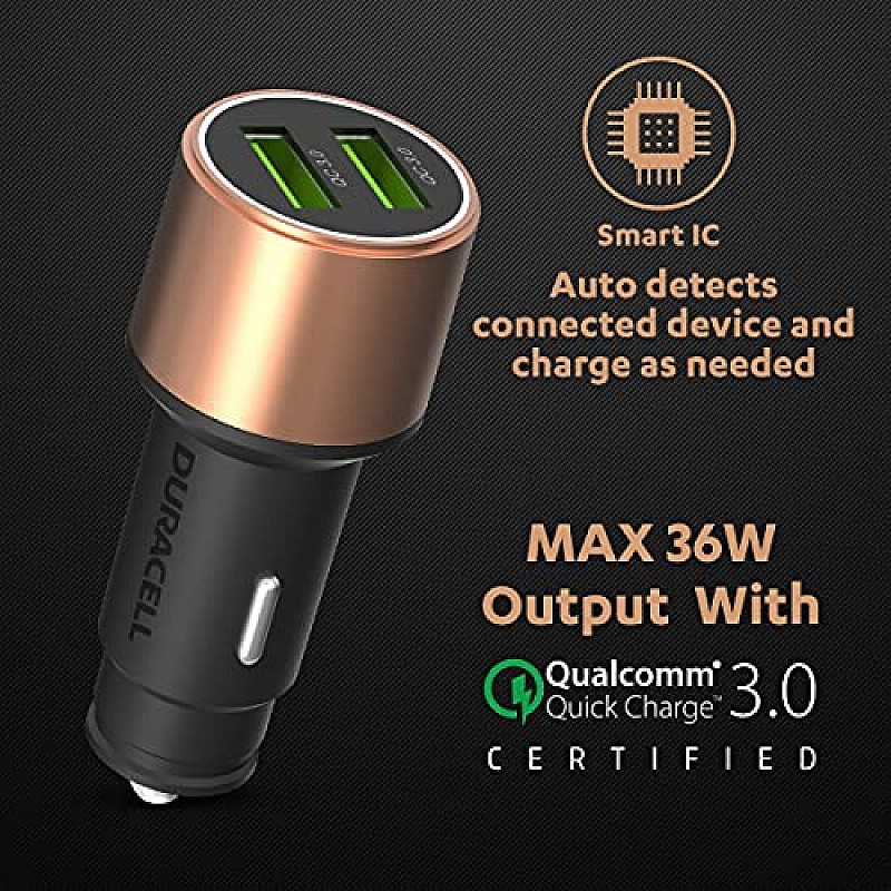 Duracell 36W Fast Car Charger Adapter with Dual USB Port. Qualcomm Certified 3.0, Quick Charge - Copper & Black