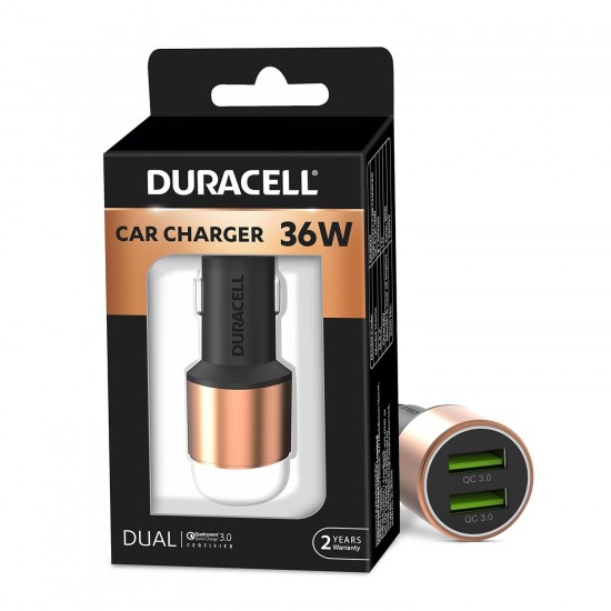 Duracell 36W Fast Car Charger Adapter with Dual USB Port. Qualcomm Certified 3.0, Quick Charge - Copper & Black