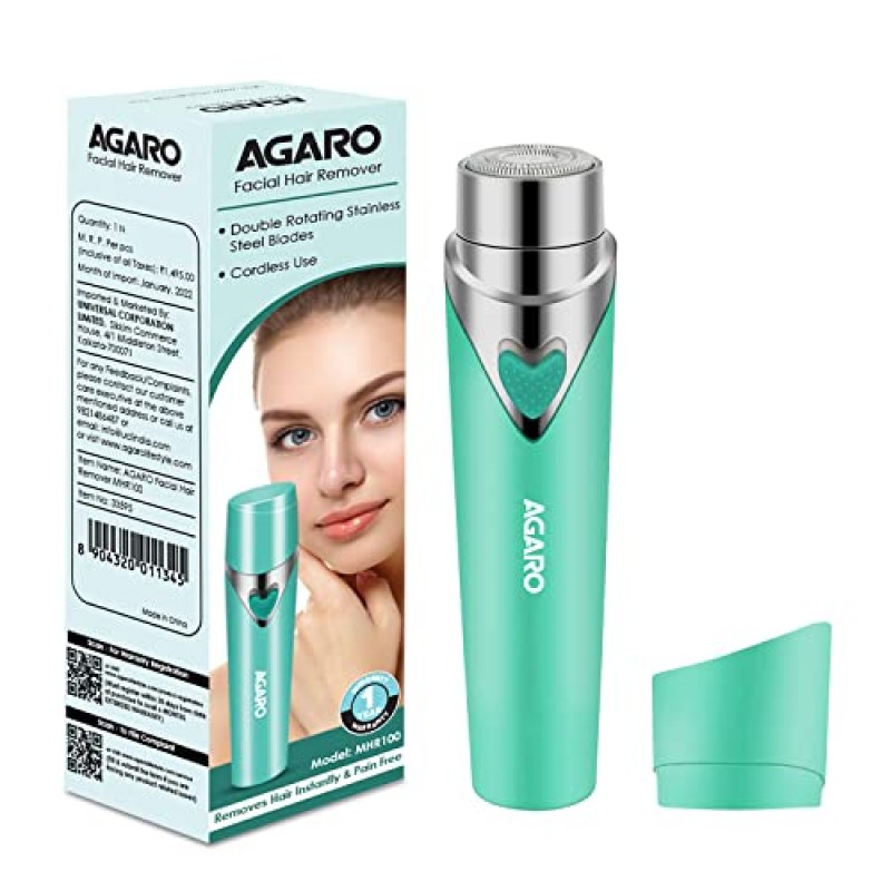 AGARO Facial Hair Remover Mhr100 For Women, Flawless Electric Painless Hair Remover For Upper Lip, Chin & Cheeks Eye Green