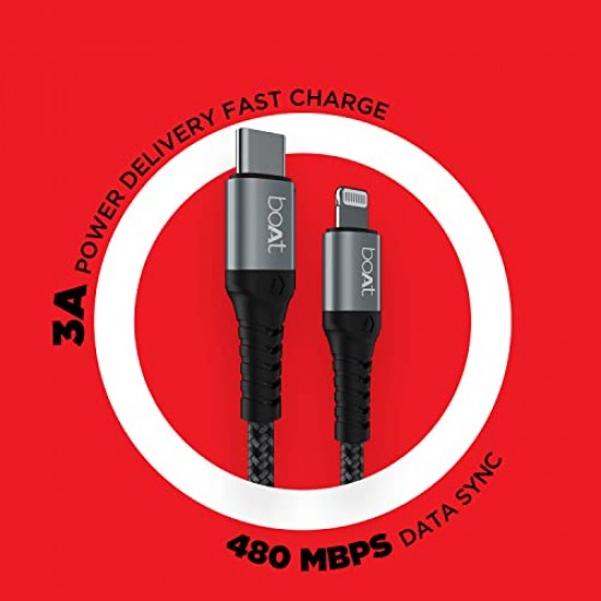 boAt LTG 650 type C To Lightning Apple Mfi Certified fast Charging Cable with Nylon Braiding and 480mbps Data Sync
