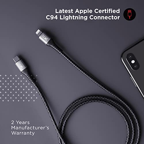 boAt LTG 650 type C To Lightning Apple Mfi Certified fast Charging Cable with Nylon Braiding and 480mbps Data Sync