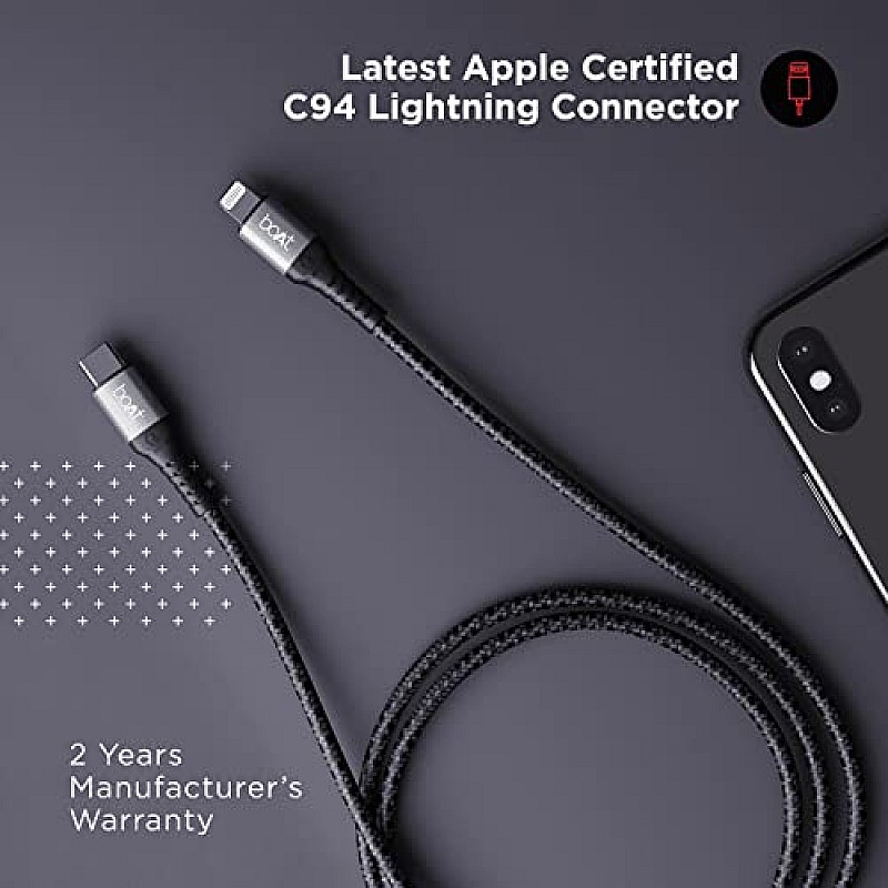 boAt LTG 650 type C To Lightning Apple Mfi Certified fast Charging Cable with Nylon Braiding and 480mbps Data Sync