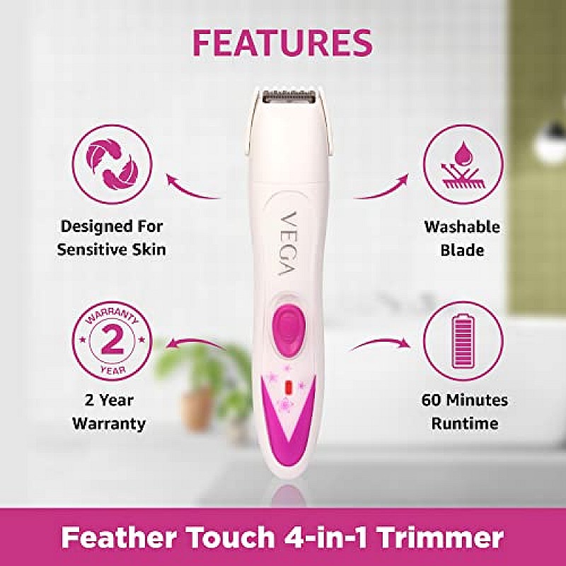 Vega Feather Touch 4-In-1 Trimmer for Women, Suitable for trimming Eyebrows, Nose, Face Bikini Area (VHBT-03) White