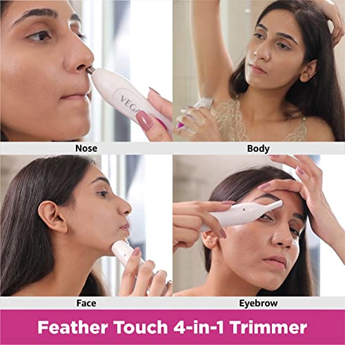 Vega Feather Touch 4-In-1 Trimmer for Women, Suitable for trimming Eyebrows, Nose, Face Bikini Area (VHBT-03) White Vega Feather Touch 4-In-1 Trimmer for Women, Suitable for trimming Eyebrows, Nose, Face Bikini Area (VHBT-03) White