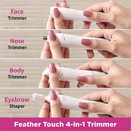 Vega Feather Touch 4-In-1 Trimmer for Women, Suitable for trimming Eyebrows, Nose, Face Bikini Area (VHBT-03) White Vega Feather Touch 4-In-1 Trimmer for Women, Suitable for trimming Eyebrows, Nose, Face Bikini Area (VHBT-03) White