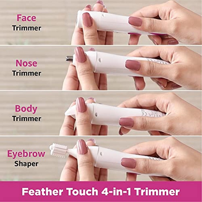 Vega Feather Touch 4-In-1 Trimmer for Women, Suitable for trimming Eyebrows, Nose, Face Bikini Area (VHBT-03) White