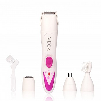 Vega Feather Touch 4-In-1 Trimmer for Women, Suitable for trimming Eyebrows, Nose, Face Bikini Area (VHBT-03) White