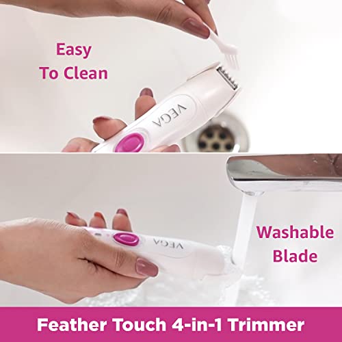 Vega Feather Touch 4-In-1 Trimmer for Women, Suitable for trimming Eyebrows, Nose, Face Bikini Area (VHBT-03) White Vega Feather Touch 4-In-1 Trimmer for Women, Suitable for trimming Eyebrows, Nose, Face Bikini Area (VHBT-03) White