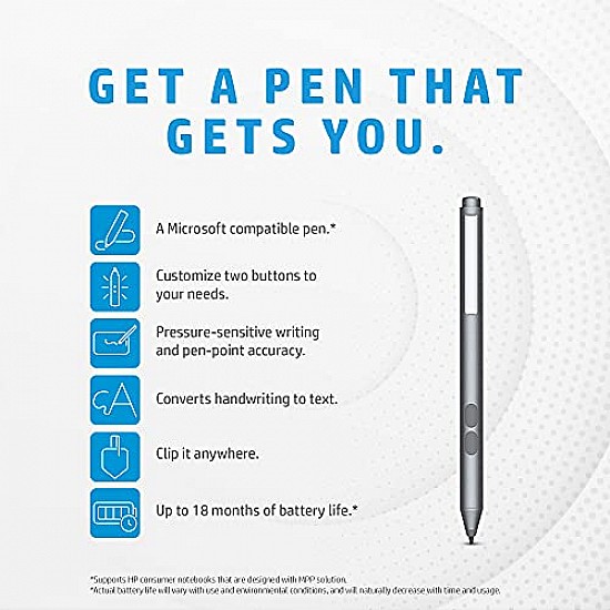 HP MPP 1.51 Stylus Pen Compatible for HP Spectre x360 13, Spectre x360 15 Convertable PC/Laptop with Microsoft Pen Protocol and 2 Customizable Buttons, Grey