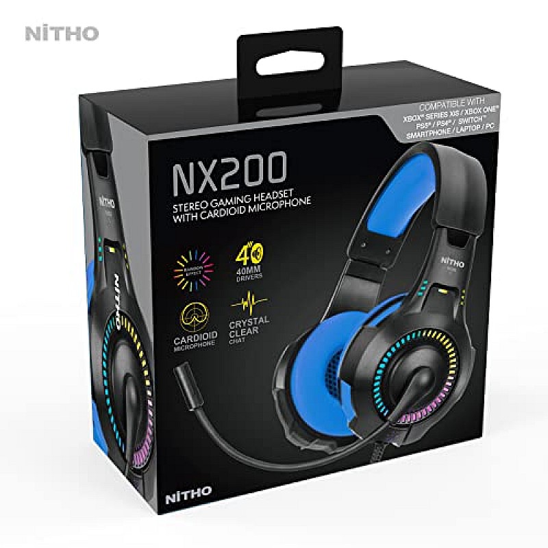 Nitho NX200 Gaming Headset with RGB Light and Microphone, Over-Ear Stereo Headphones Blue for Xbox Series Xbox One, PS5, PS4