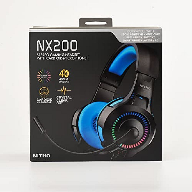 Nitho NX200 Gaming Headset with RGB Light and Microphone, Over-Ear Stereo Headphones Blue for Xbox Series Xbox One, PS5, PS4