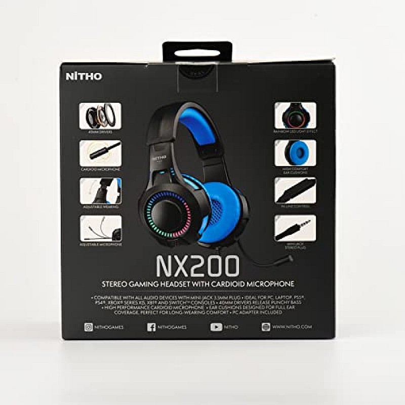 Nitho NX200 Gaming Headset with RGB Light and Microphone, Over-Ear Stereo Headphones Blue for Xbox Series Xbox One, PS5, PS4