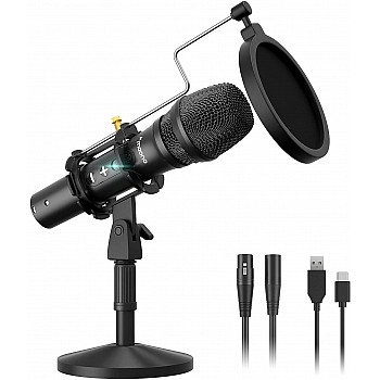 MAONO AU-HD300T USB/XLR Dynamic Mic for Singing, PC, YouTube Recording. Professional Microphone with 0-Latency Monitoring, Adjustable Mic Stand, Black