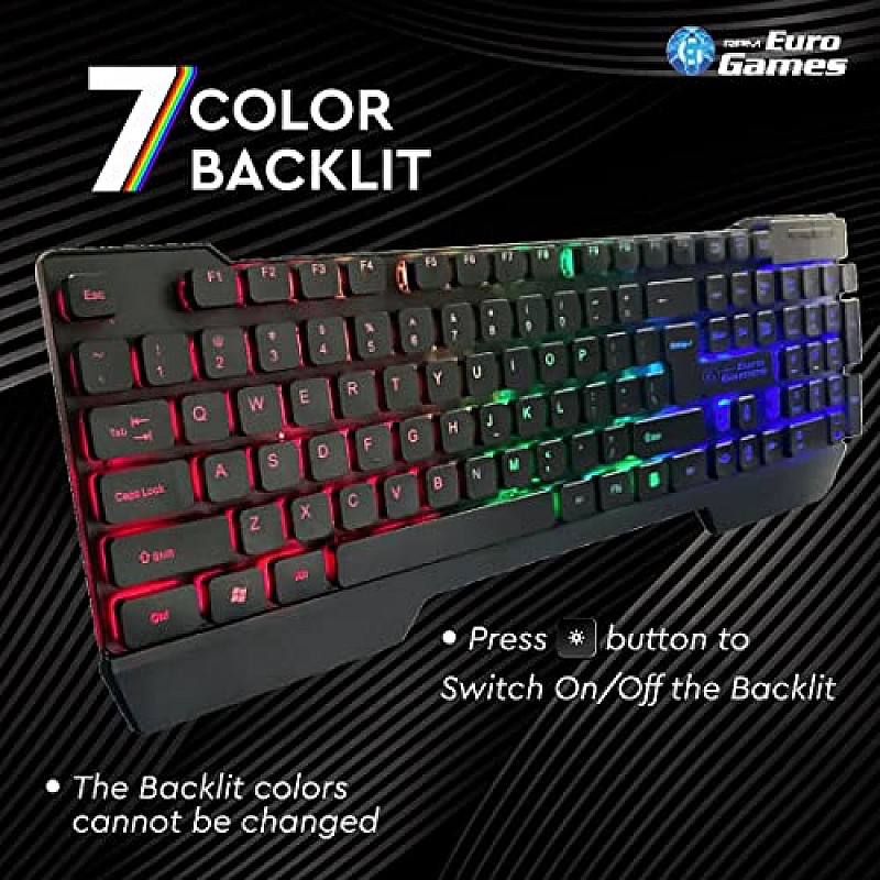 RPM Euro Games Gaming Backlit RGB Keyboard with Wrist Support Semi-Mechanical and USB (Black)