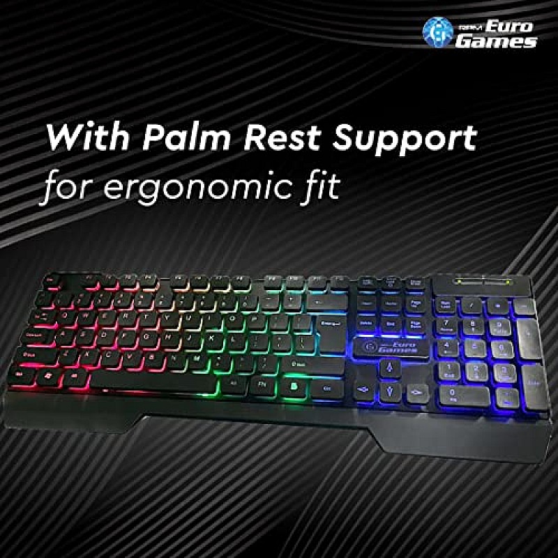 RPM Euro Games Gaming Backlit RGB Keyboard with Wrist Support Semi-Mechanical and USB (Black)