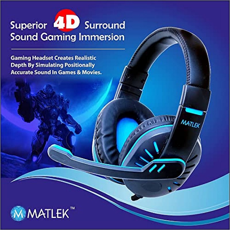 Matlek Gaming Over Ear Headphones with Adjustable Mic, Works with All The Mobile Phones, Blue