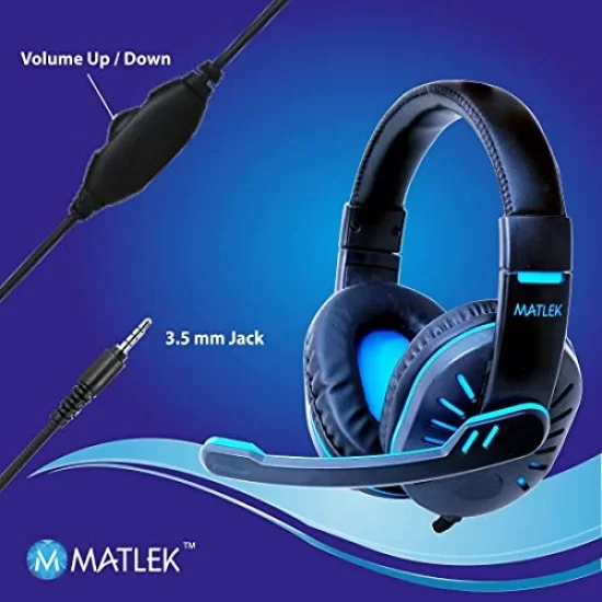Matlek Gaming Over Ear Headphones with Adjustable Mic, Works with All The Mobile Phones, Blue