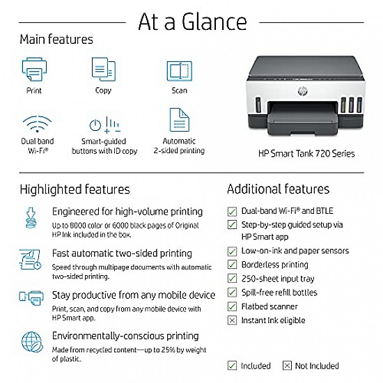 HP Smart Tank 720 All-in-One Duplex Wifi High Capacity Inktank Multi-function WiFi Color Inkjet Printer