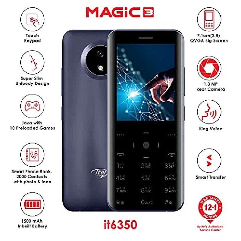 Itel Magic3 Wi-Fi Bluetooth, USB, 9.5mm Slim Unibody Design, 2.8" Bigger Display it6350 Smart Touch Keypad (Black)