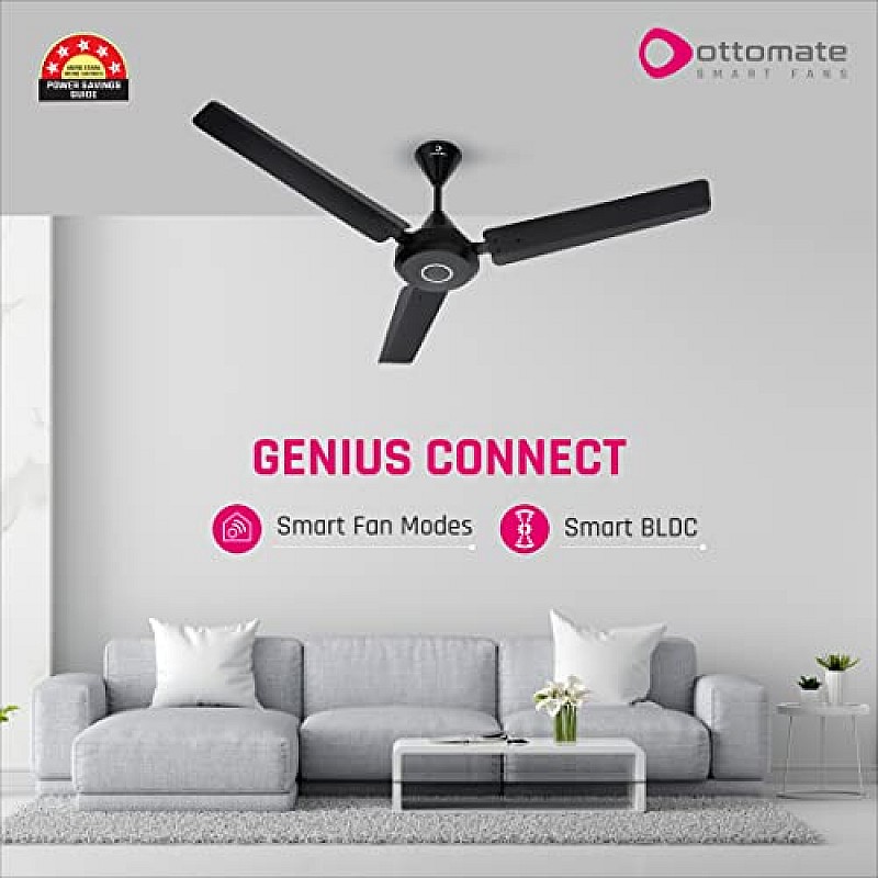 OTTOMATE Genius Connect Smart BLDC 5 Star Rated 3 Blade 1200 MM High Speed Ceiling fan with Remote (Black, Pack of 1)