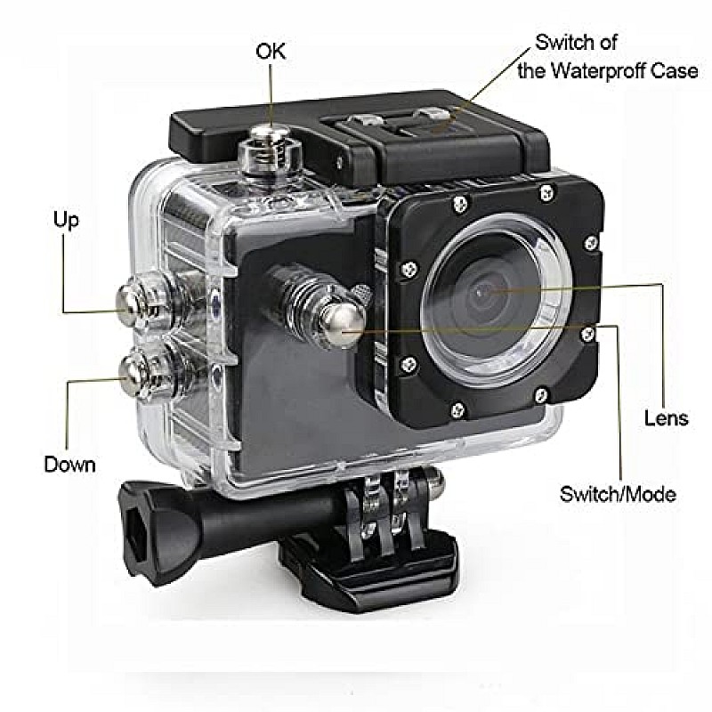 TechKing Full HD 1080p Action Camera Waterproof Sport Camera with 2 Inch LCD Screen, Optical 16MP 170 Degree (Black)