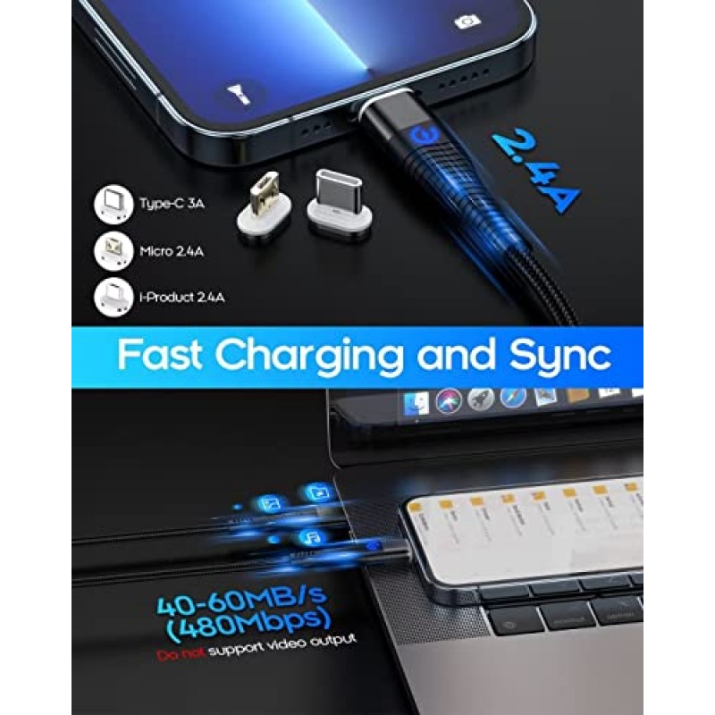 AIRTREE 3 in 1 Magnetic Charging Cable, YKZ Multi Magnet USB Cable for Type C/MicroUSB and i-Product, Max 15W Fast Charger Cable 