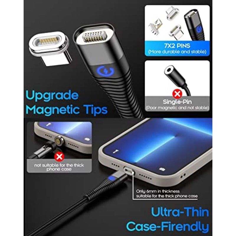 AIRTREE 3 in 1 Magnetic Charging Cable, YKZ Multi Magnet USB Cable for Type C/MicroUSB and i-Product, Max 15W Fast Charger Cable 