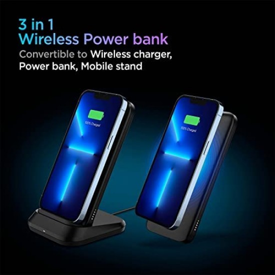 Spigen 3in1 10000mAh Wireless Charging Power Bank with USB-A USB-C 20W Fast Charging, Included USB-A to USB-C Cable, - Black