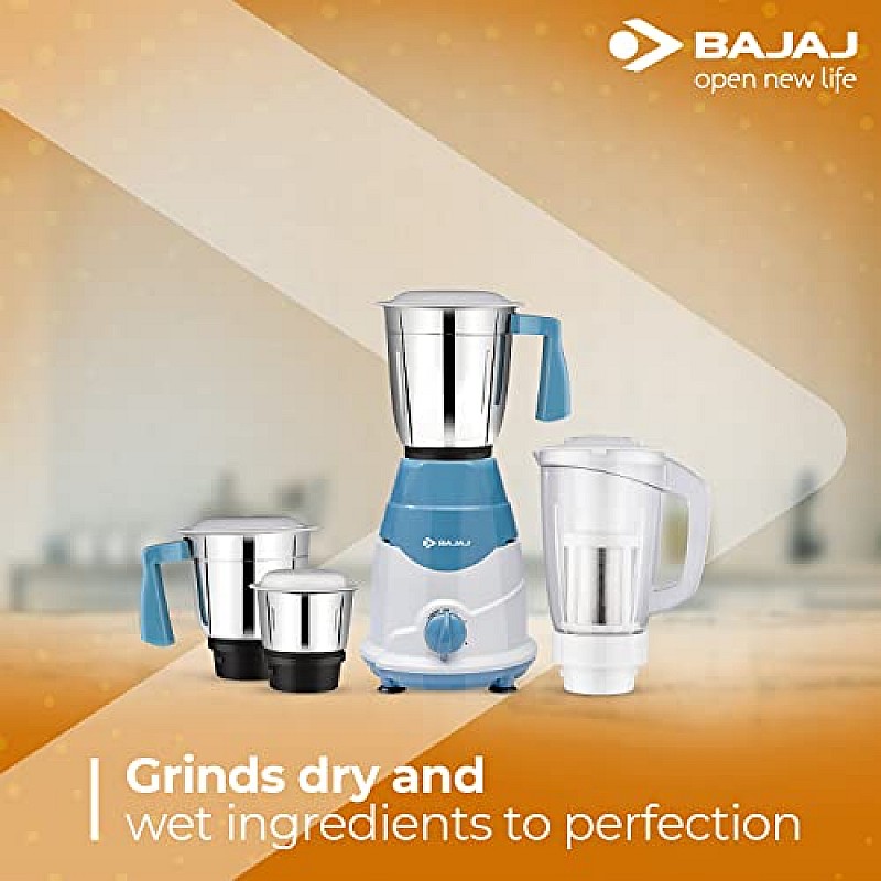 Bajaj Rex DLX Mixer Grinder 750W Mixie For Kitchen With Nutri-Pro Feature 4 Stainless Steel Mixer Jar White Blue