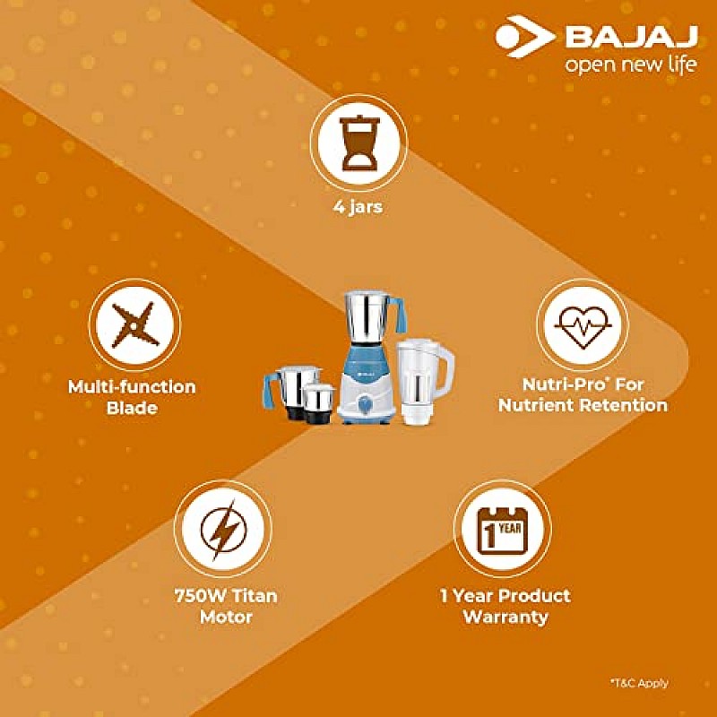 Bajaj Rex DLX Mixer Grinder 750W Mixie For Kitchen With Nutri-Pro Feature 4 Stainless Steel Mixer Jar White Blue