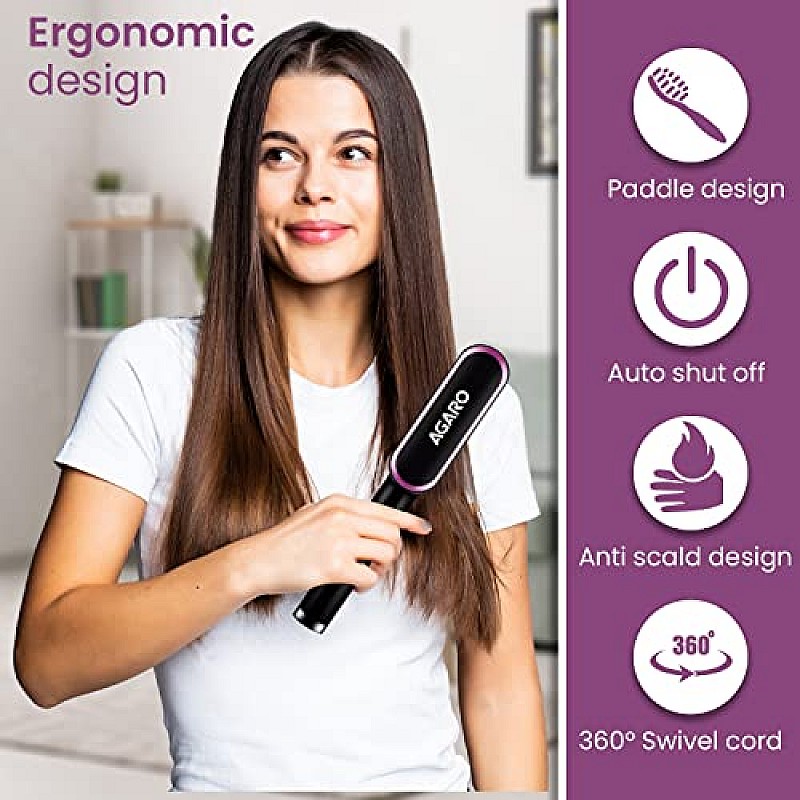 AGARO Hair Straightening Brush, Hair Straightening Comb For Women  Gives Naturally Straight Hair in 5 Mins, Black, HSB2107