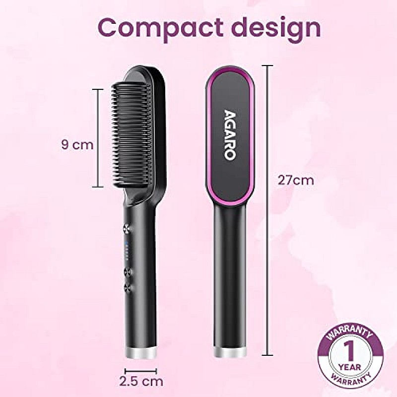 AGARO Hair Straightening Brush, Hair Straightening Comb For Women  Gives Naturally Straight Hair in 5 Mins, Black, HSB2107