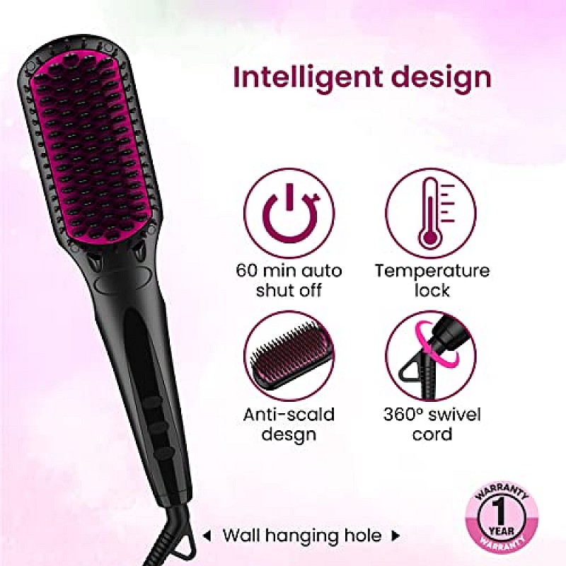 AGARO Hair Straightening Brush, Hair Straightening Comb For Women  Gives Naturally Straight Hair in 5 Mins, Black, HSB2107