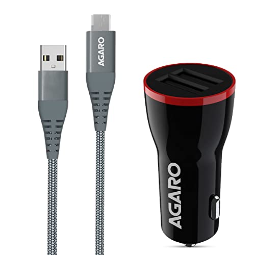 AGARO Dual Port Car Charger and USB A to Micro Nylon Braided Cable Combo, 18W Charger, Quick Charge and Data Sync, Dual USB Port AGARO Dual Port Car Charger and USB A to Micro Nylon Braided Cable Combo, 18W Charger, Quick Charge and Data Sync, Dual USB Port