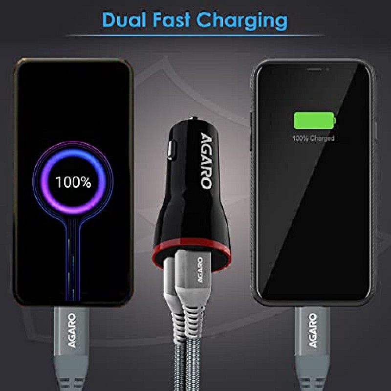 AGARO Dual Port Car Charger and USB A to Micro Nylon Braided Cable Combo, 18W Charger, Quick Charge and Data Sync, Dual USB Port 