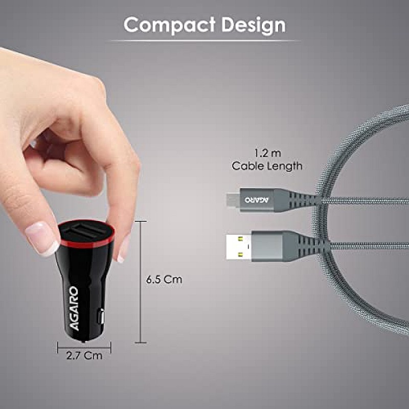 AGARO Dual Port Car Charger and USB A to Micro Nylon Braided Cable Combo, 18W Charger, Quick Charge and Data Sync, Dual USB Port 