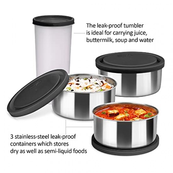 MILTON New Steel Combi LuInch Box, 3 Containers and 1 Tumbler with Jacket, Set of 4 400 Ml