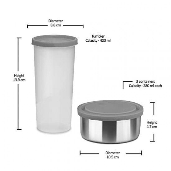MILTON New Steel Combi LuInch Box, 3 Containers and 1 Tumbler with Jacket, Set of 4 400 Ml