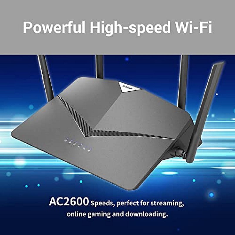 D-Link DIR-2640, AC 2600 Mbps MU-MIMO Dual Band High Power WiFi Router, 5 Gigabit Port, 4 External Antenna Black