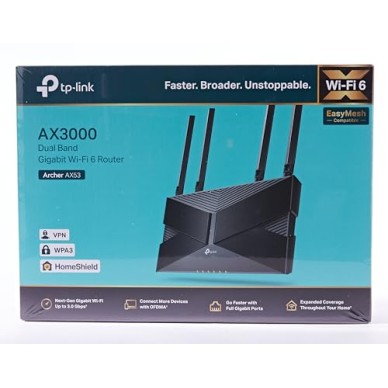 TP-Link Next-Gen Wi-Fi 6 AX3000 Mbps Gigabit Dual Band Smart Wireless Router, OneMesh Supported (Archer AX53), Black TP-Link Next-Gen Wi-Fi 6 AX3000 Mbps Gigabit Dual Band Smart Wireless Router, OneMesh Supported (Archer AX53), Black