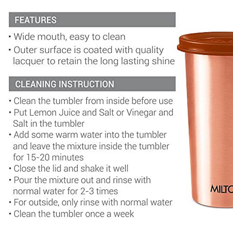 Milton Copper Drinking Water Tumbler with Lid, 1 Piece, 480 ml, Copper