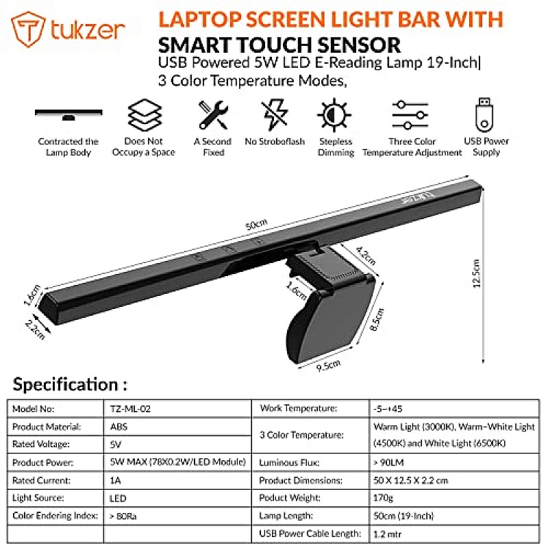 Tukzer 19-Inch Monitor Screen Light Bar with Smart Touch Sensor, USB Powered 5W LED E-Reading Lamp (Black)