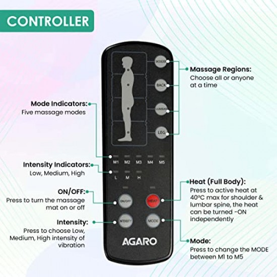 AGARO M8754 Massage Mat with Lukewarm Heat-10 Motors Vibrating Massage Mattress Pad with 2 Heating Pads for Back Grey
