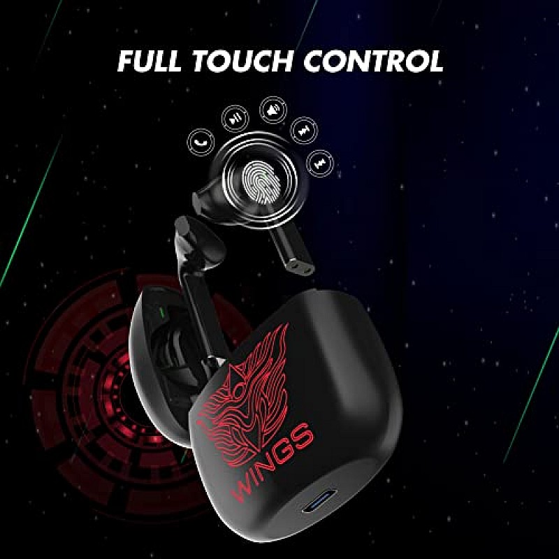 Wings Newly Launched Phantom 100 Gaming TWS Earbuds with 13 mm HD BASS Drivers, ENC Clarity, 40 Hours Playtime black