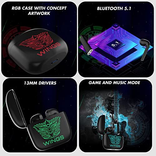 Wings Newly Launched Phantom 100 Gaming TWS Earbuds with 13 mm HD BASS Drivers, ENC Clarity, 40 Hours Playtime black Wings Newly Launched Phantom 100 Gaming TWS Earbuds with 13 mm HD BASS Drivers, ENC Clarity, 40 Hours Playtime black