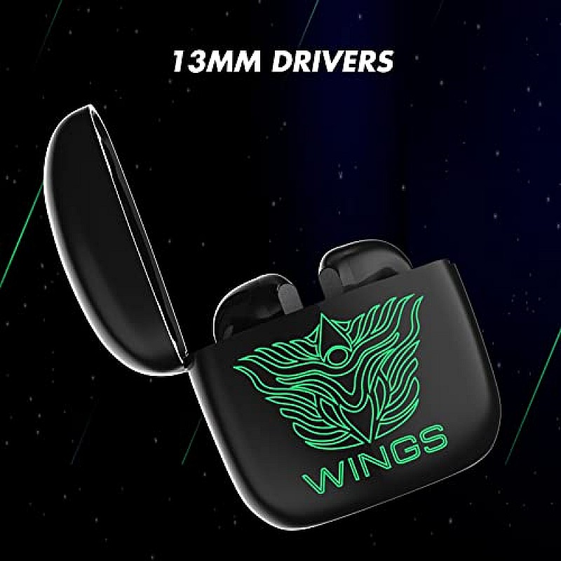 Wings Newly Launched Phantom 100 Gaming TWS Earbuds with 13 mm HD BASS Drivers, ENC Clarity, 40 Hours Playtime black