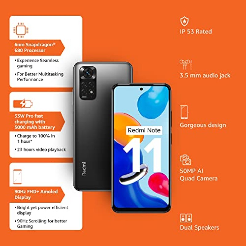 Redmi Note 11 Space Black 4GB RAM 64GB Storage 90Hz FHD AMOLED Display Qualcomm Snapdragon 680-6nm