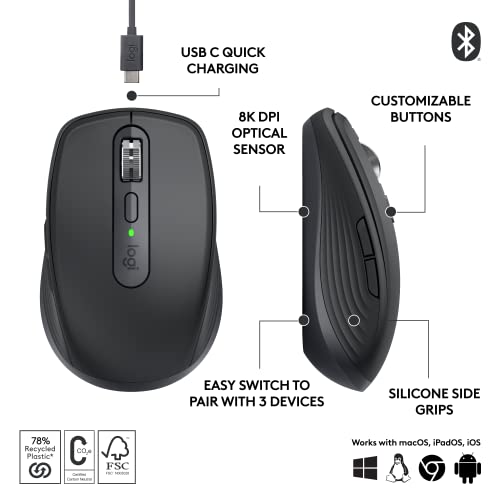 Logitech MX Anywhere 3 Compact Performance Mouse Wireless, 4000DPI Sensor, USB-C, Bluetooth,- Graphite Logitech MX Anywhere 3 Compact Performance Mouse Wireless, 4000DPI Sensor, USB-C, Bluetooth,- Graphite